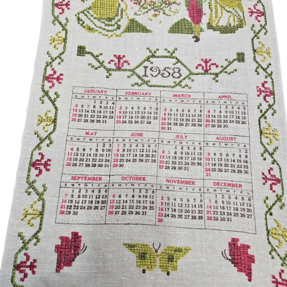 Stevens Calendar Towel 1958 The Earls Vintage Embroidered Wall‎ Hanging Decor